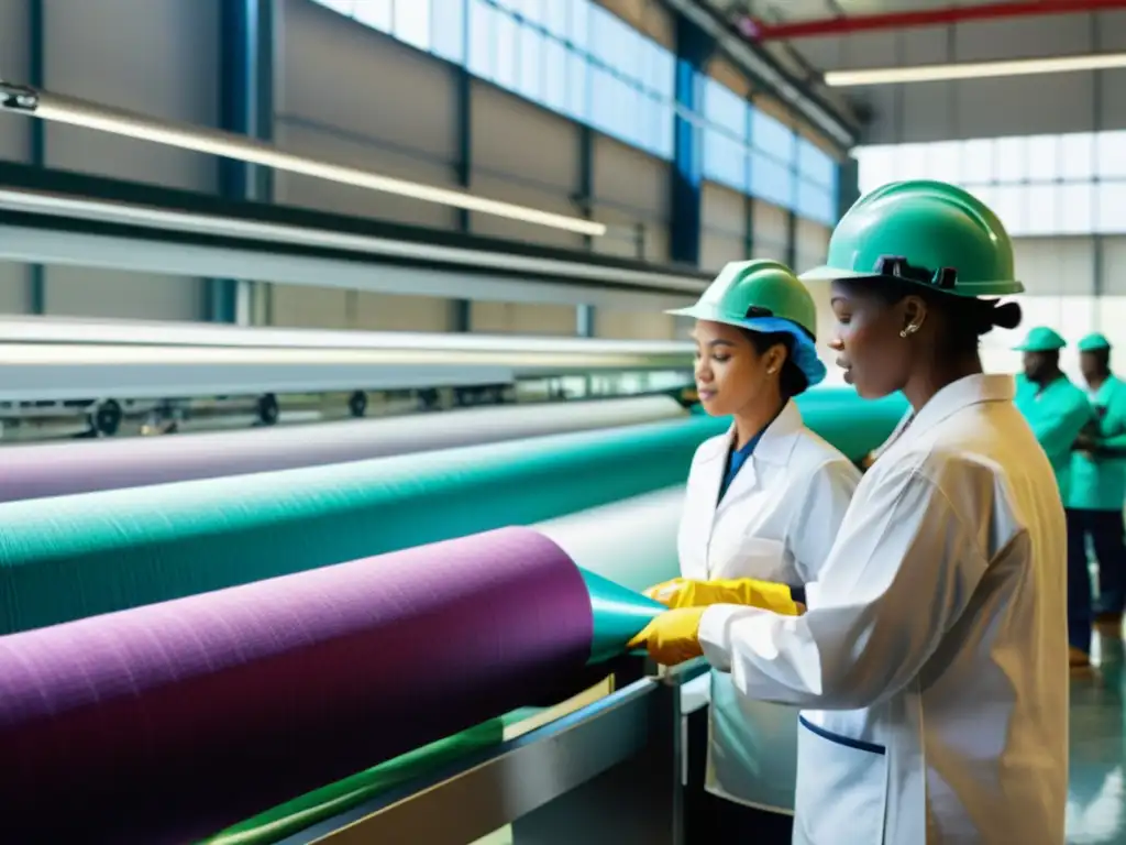 Un grupo de trabajadores de fábrica textil en equipo protector ajustando maquinaria industrial bajo la luz natural