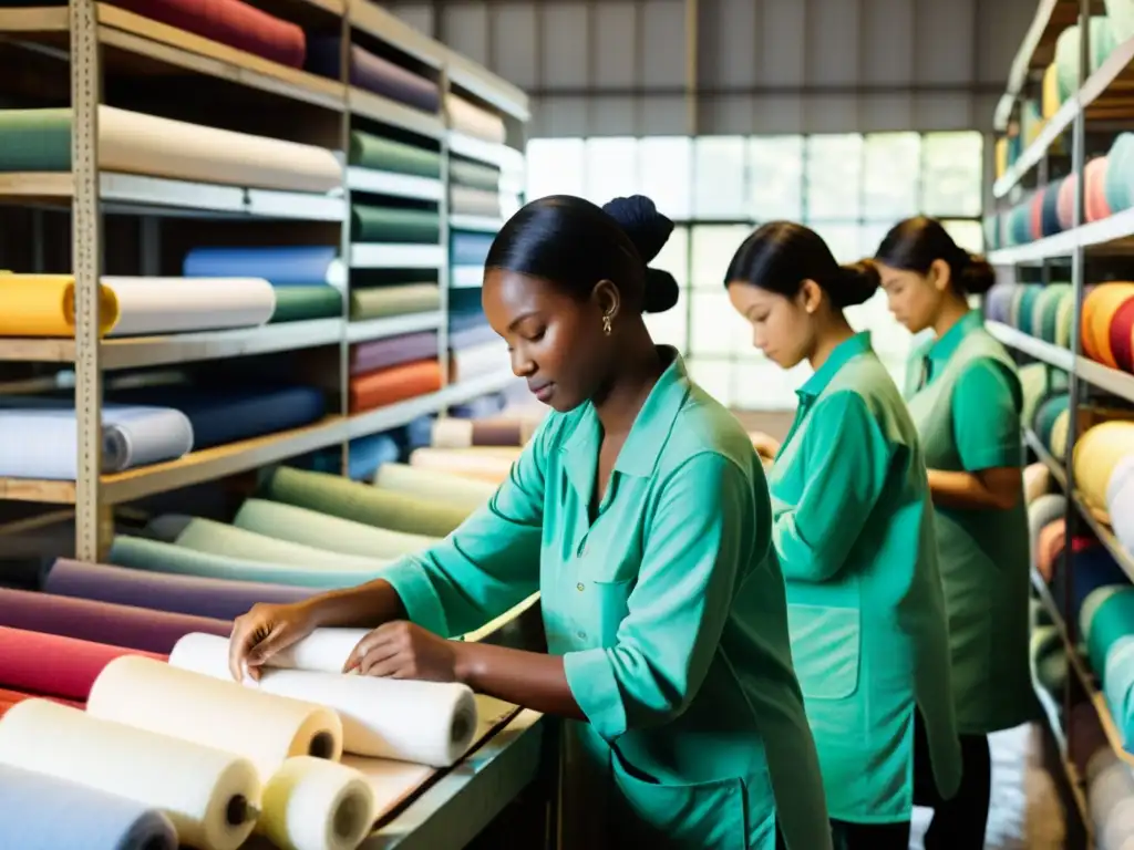 Un grupo de trabajadores textiles en una fábrica sostenible inspecciona y cose prendas de algodón orgánico