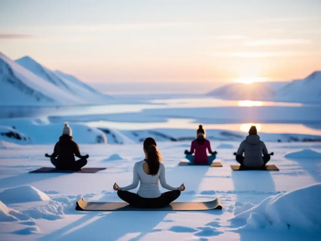 Grupo en Savasana en la tundra ártica, bañados por luz cálida al atardecer