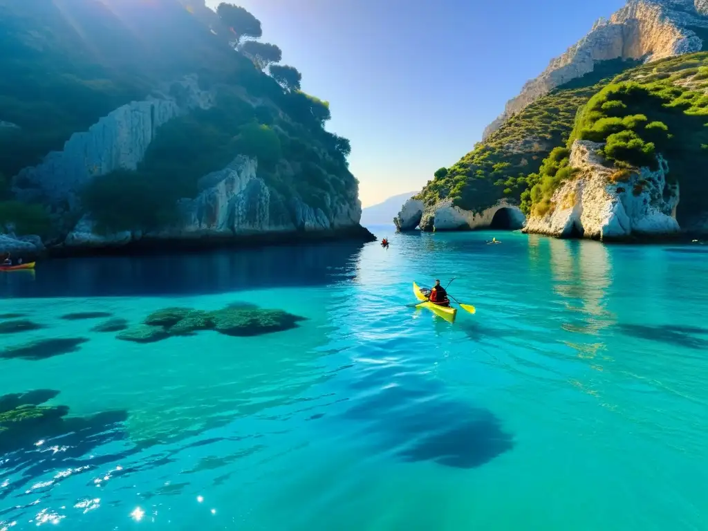 Un grupo de turistas practica kayak en aguas turquesas al atardecer en una isla griega, rodeados de naturaleza exuberante