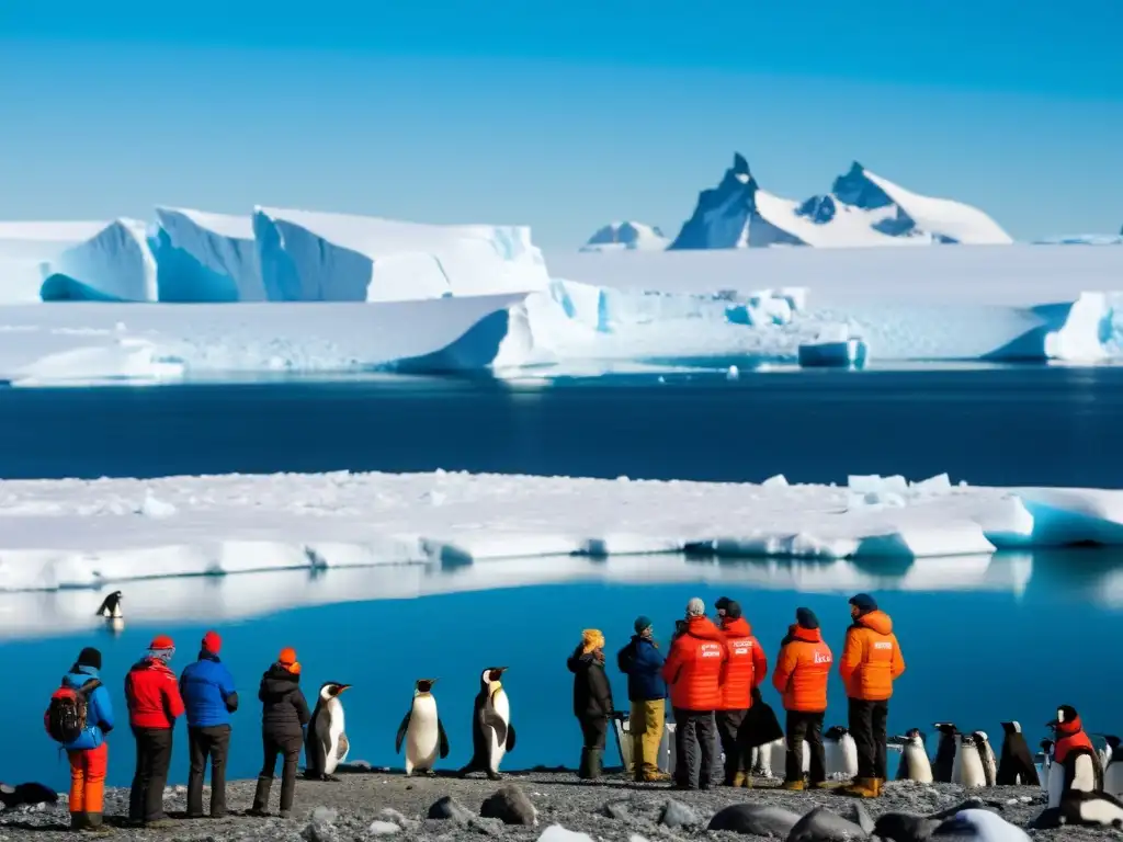 Grupo de turistas en la Antártida observando pingüinos, guiados por naturalista