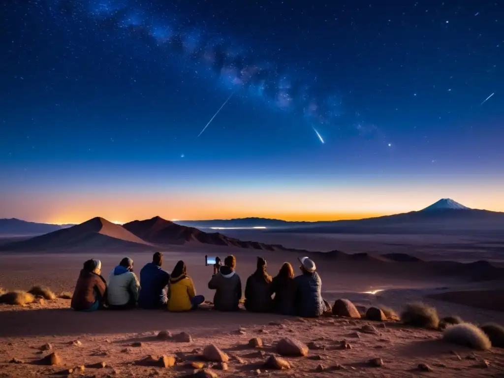 Un grupo de turistas disfruta del astroecoturismo en el desierto de Atacama, observando las constelaciones en la noche estrellada