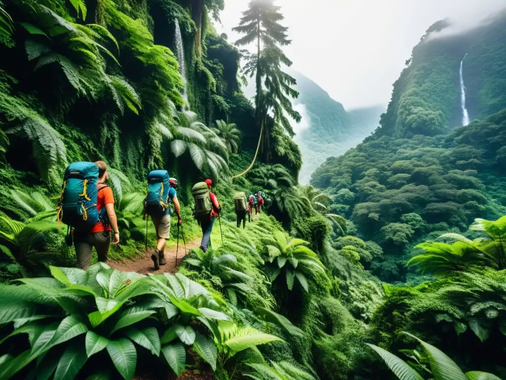 Un grupo de turistas aventureros explorando un exuberante y desafiante bosque en Europa, equipados con mochilas y acompañados de un guía