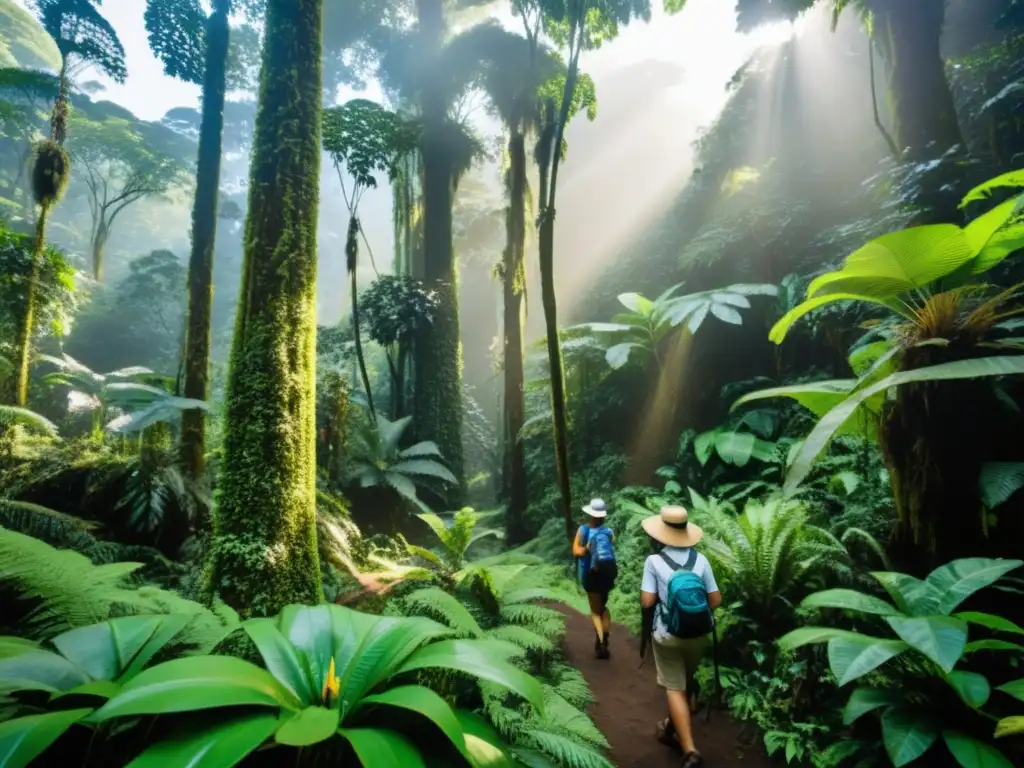 Un grupo de turistas diversos disfruta de un emocionante recorrido por la exuberante selva tropical