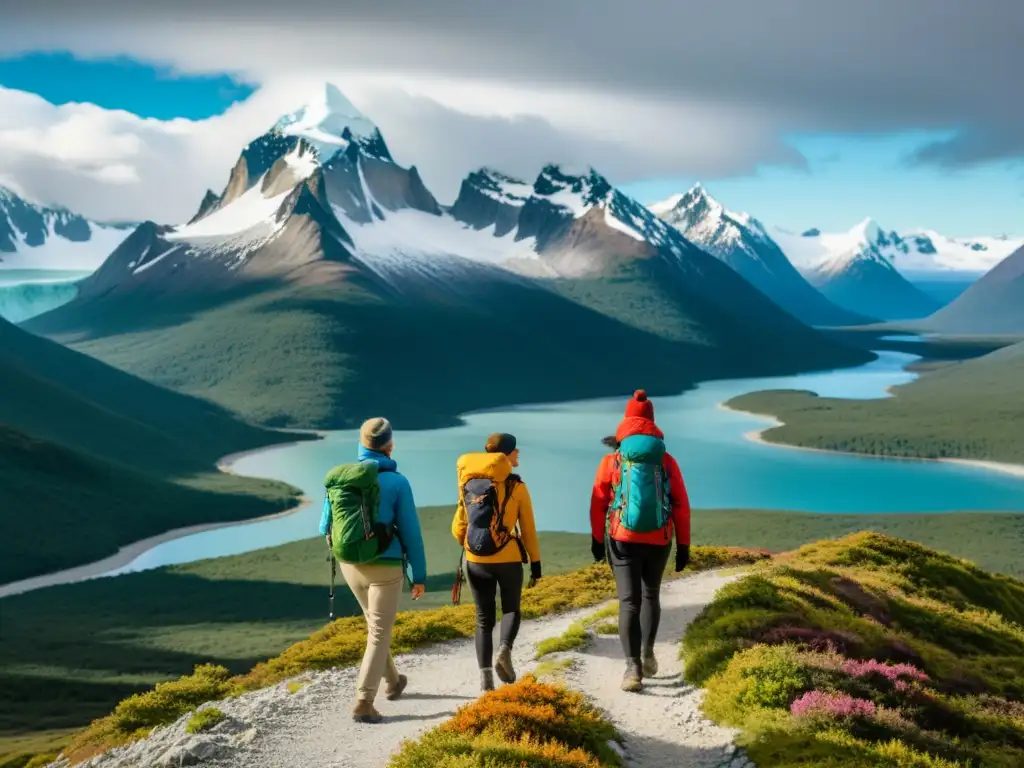 Grupo de turistas disfrutando del ecoturismo en Tierra del Fuego Patagonia, con montañas nevadas y vibrante flora patagónica