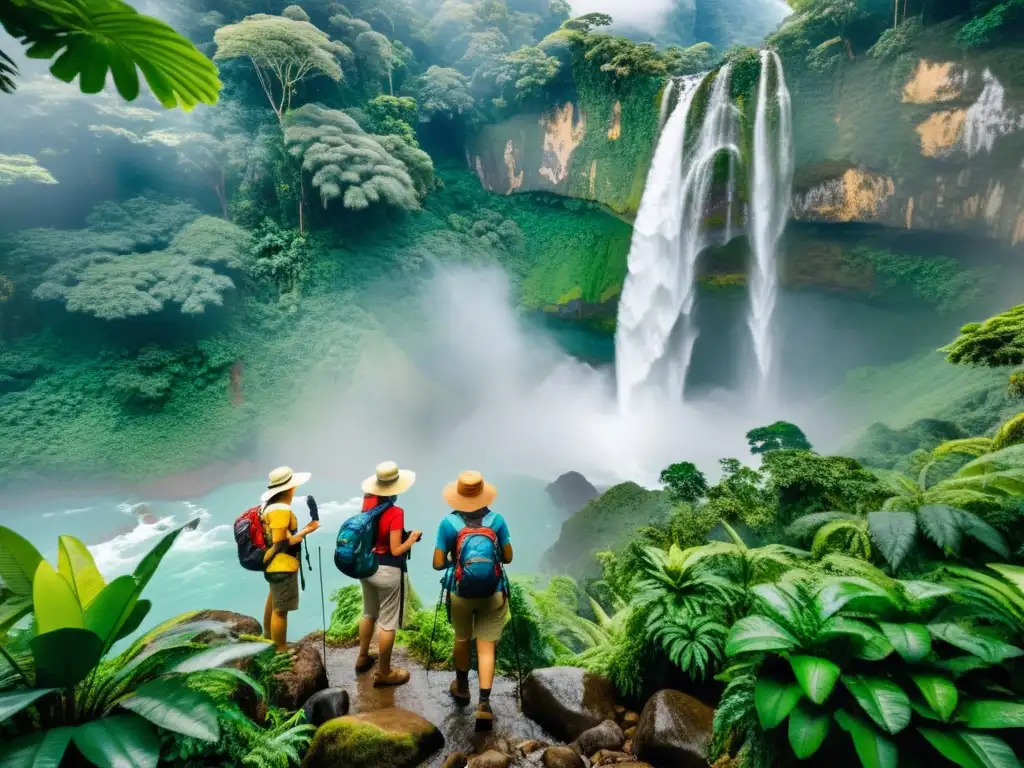 Grupo de turistas en excursión ecológica, observando la exuberante selva y cascada