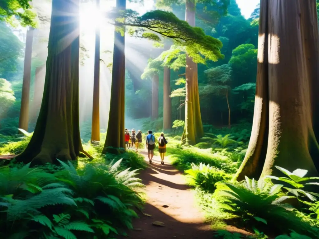 Un grupo de turistas se maravilla con un guía en un sendero forestal, descubriendo un sitio arqueológico entre la exuberante naturaleza