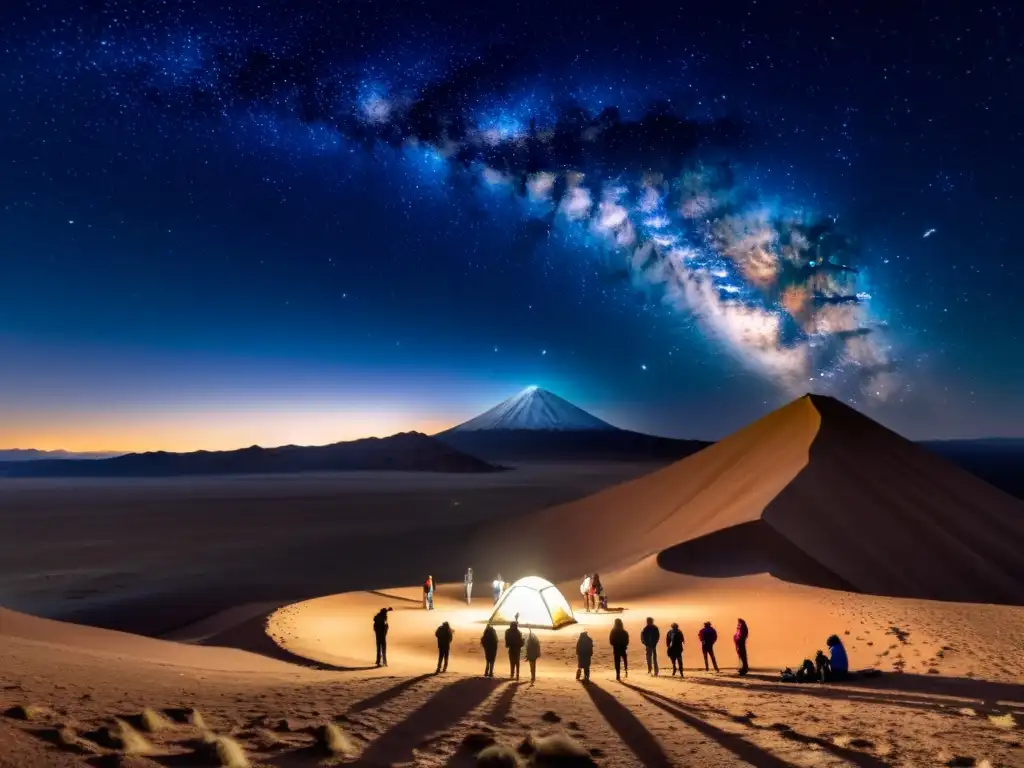 Grupo de turistas admirando la impresionante vista nocturna del desierto de Atacama, resplandeciendo bajo las estrellas