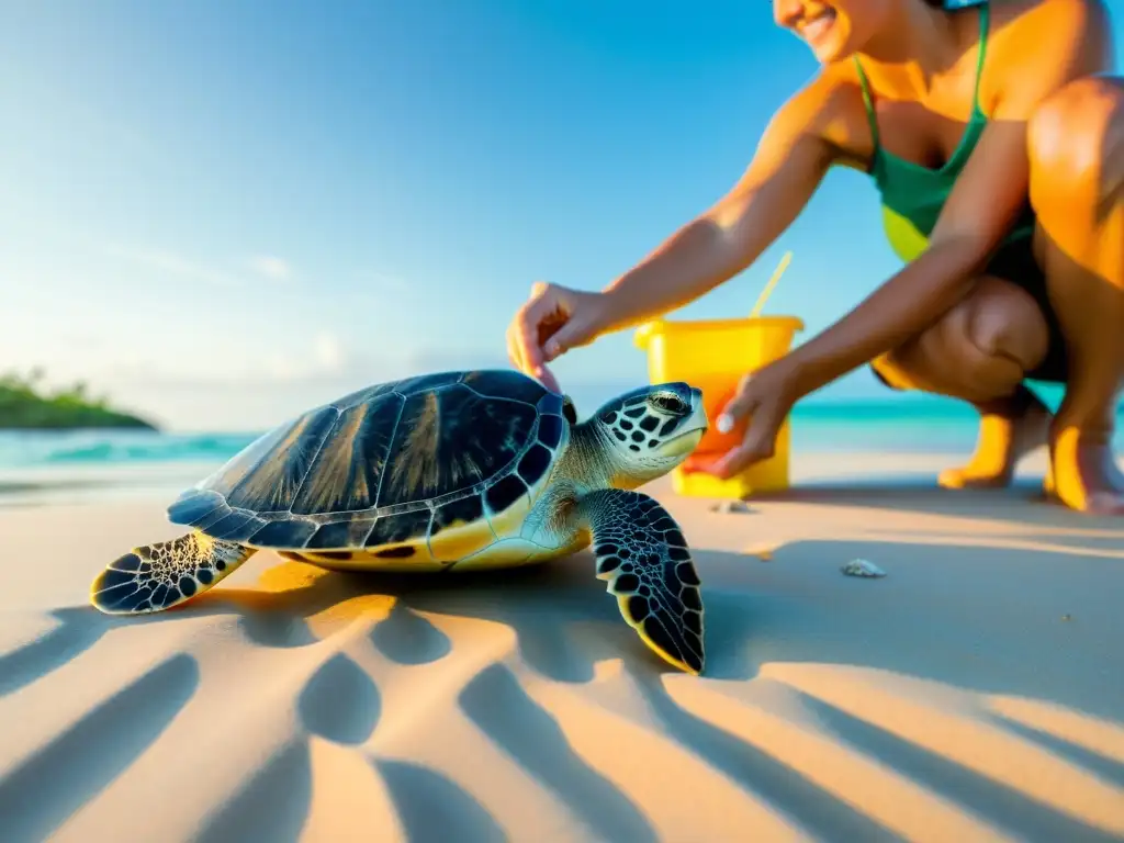 Un grupo de turistas participando en un proyecto de conservación de tortugas marinas en una paradisíaca playa