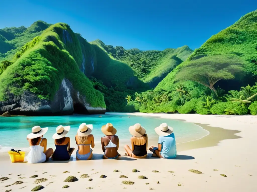 Un grupo de turistas participa en un proyecto de turismo sostenible, rodeados de naturaleza exuberante y vida marina