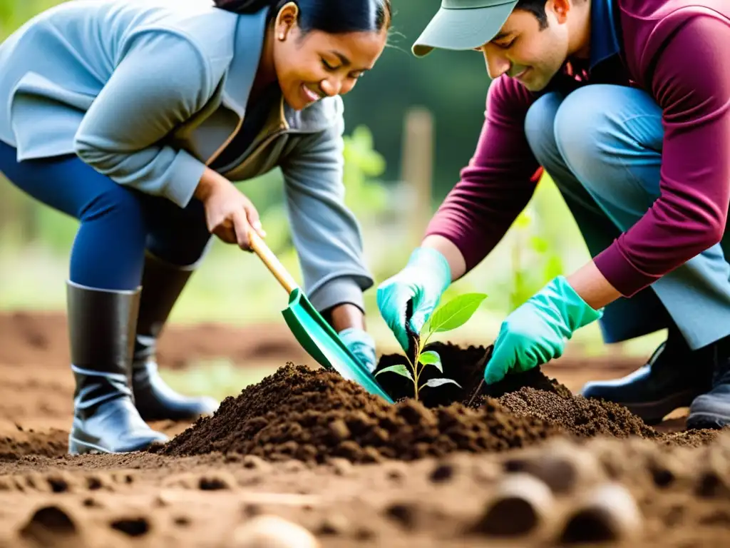 Grupo unido de conservacionistas y comunidad local plantando árboles en zona de conflicto, simbolizando esperanza y progreso