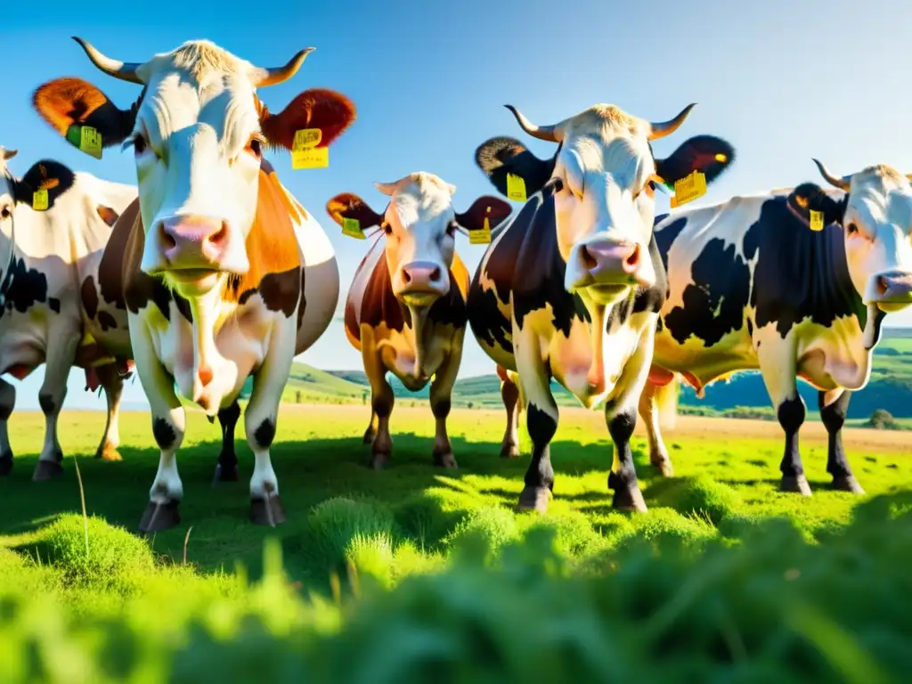 Grupo de vacas felices y saludables pastando en un prado exuberante, evocando armonía y paz en la naturaleza