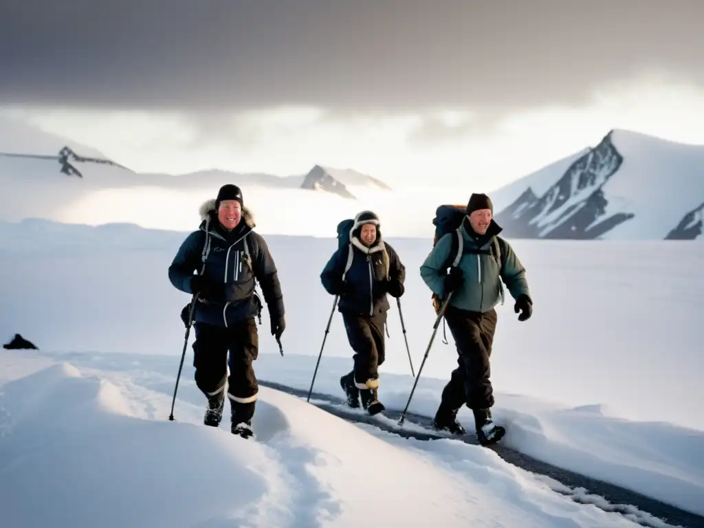 Expedición polar: desafíos invernales y determinación Un grupo de valientes exploradores polares enfrenta desafíos en un paisaje nevado y ventoso, transmitiendo determinación y descubrimiento
