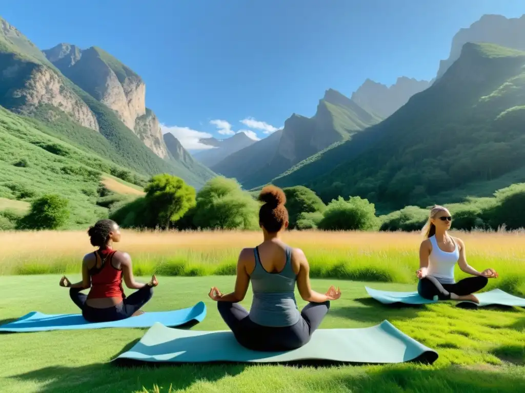 Grupo variado practica yoga al aire libre en un prado soleado, rodeado de montañas