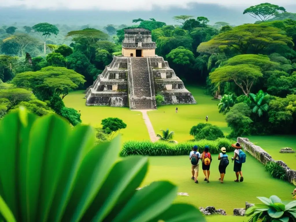 Un grupo de viajeros recorriendo la exuberante jungla con un guía local señalando la flora y fauna