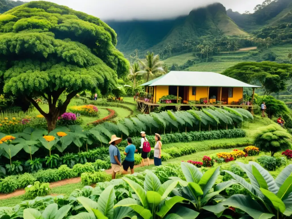 Un grupo de viajeros explora una granja permacultural tropical, rodeados de vegetación exuberante y técnicas sostenibles