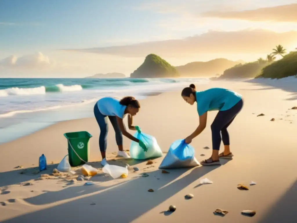 Grupo de viajeros limpiando una playa al amanecer, transmitiendo responsabilidad ambiental y certificaciones turismo sostenible viaje responsable