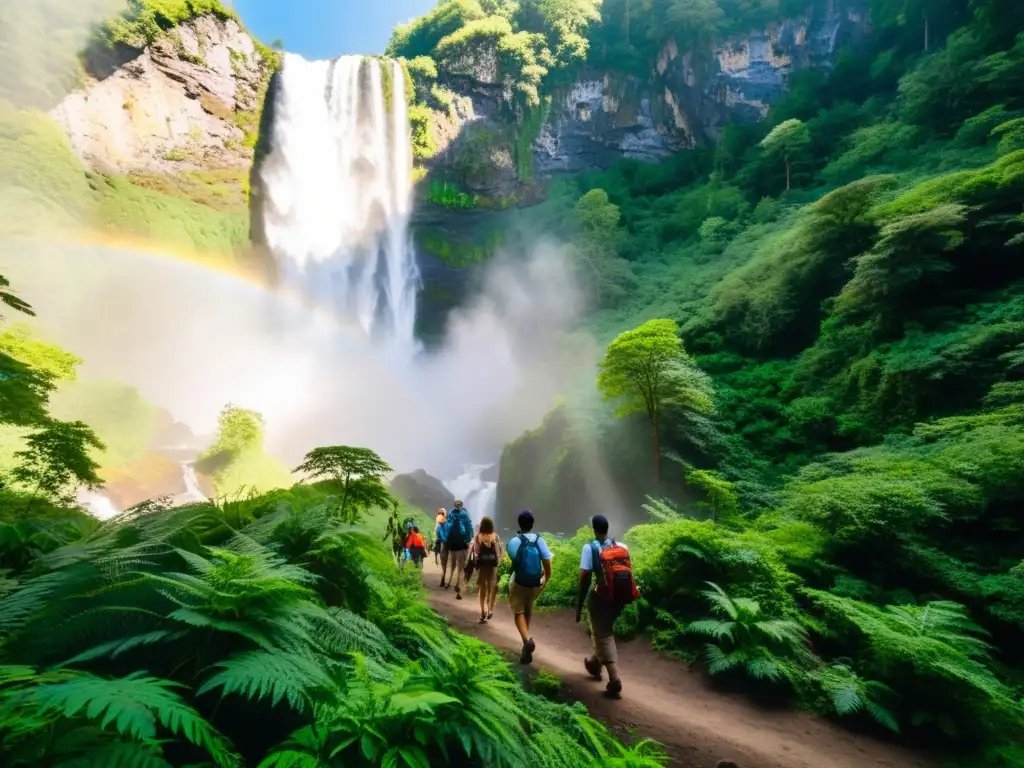 Grupo de viajeros explorando sendero en bosque exuberante, con cascada al fondo