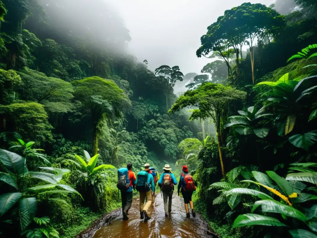 Un grupo de viajeros en vibrantes chaquetas de lluvia explorando la exuberante selva amazónica