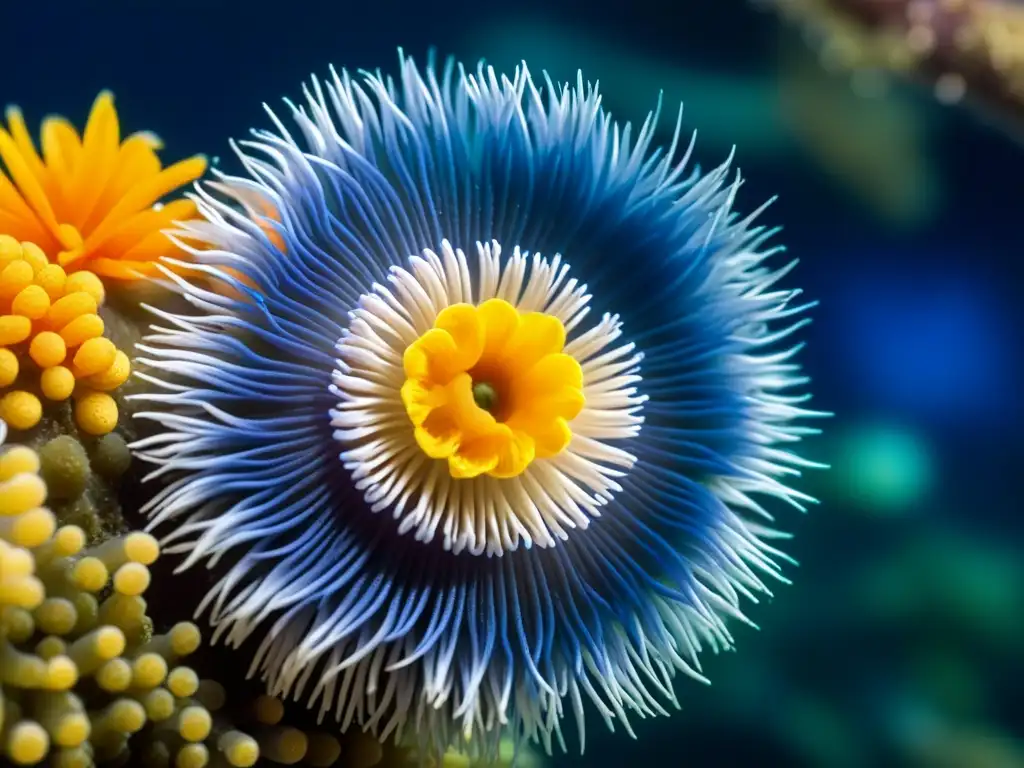 Un grupo vibrante de anémonas de mar capturando plancton, con peces nadando alrededor