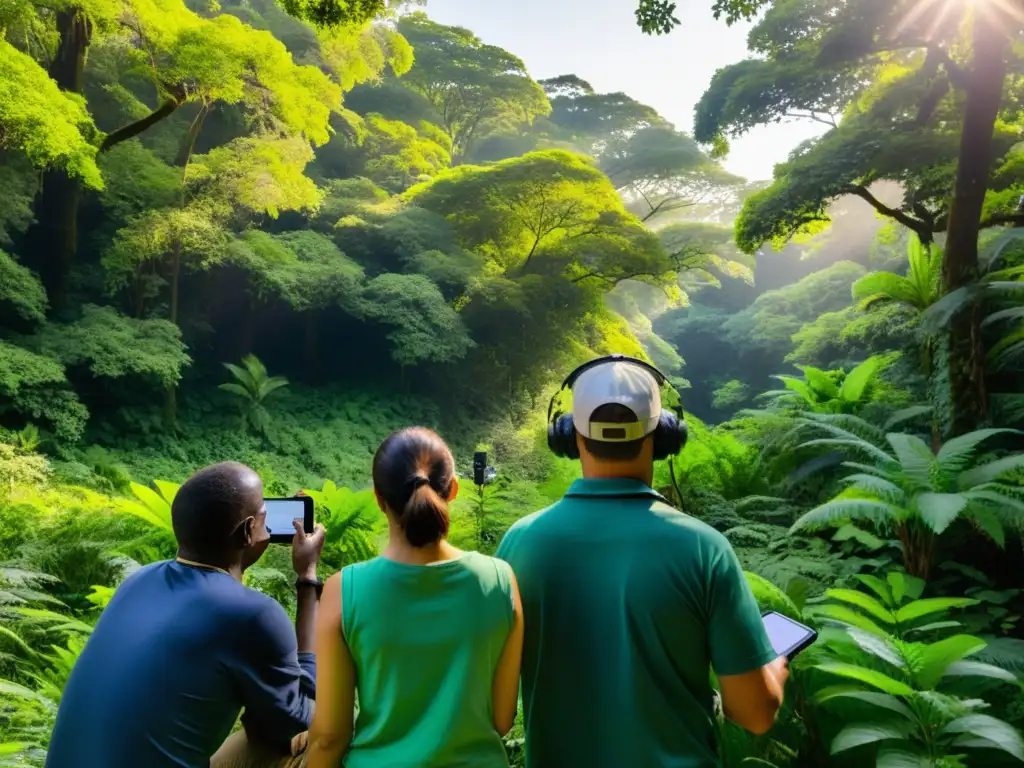 Grupo de voluntarios en bosque biodiverso, realizando ciencia ciudadana ecológica con tecnología móvil, descubriendo y documentando especies