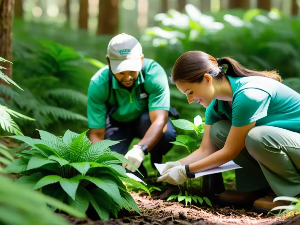 Grupo de voluntarios en un bosque exuberante, examinando plantas y registrando datos