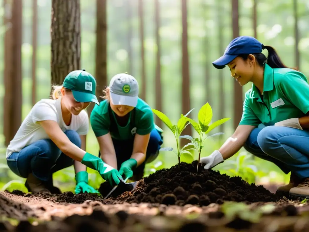 Un grupo de voluntarios en un bosque exuberante plantando árboles con cuidado, en programas voluntariado defensa ecosistemas