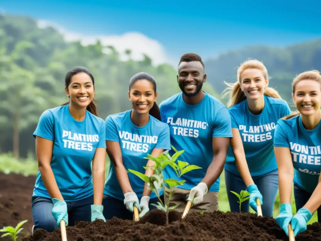 Grupo de voluntarios corporativos plantando árboles, mostrando la importancia de la responsabilidad social empresarial en el medio ambiente