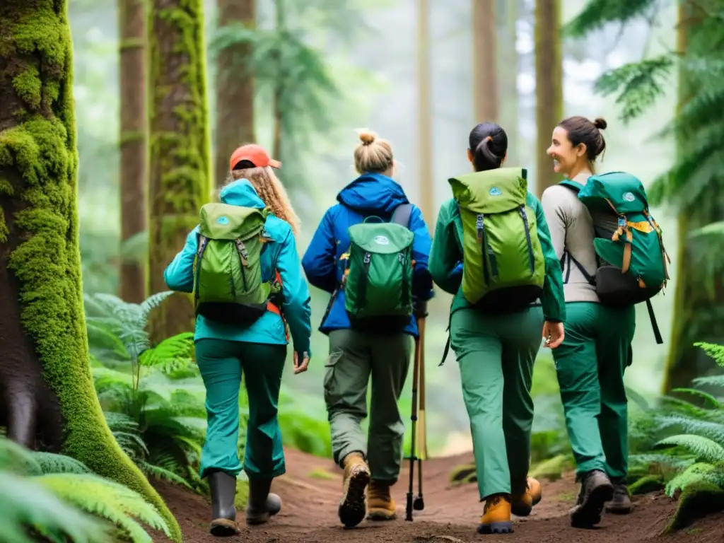 Grupo de voluntarios equipados para proyectos de conservación en ecosistemas, inmersos en la naturaleza exuberante, trabajando en equipo con propósito