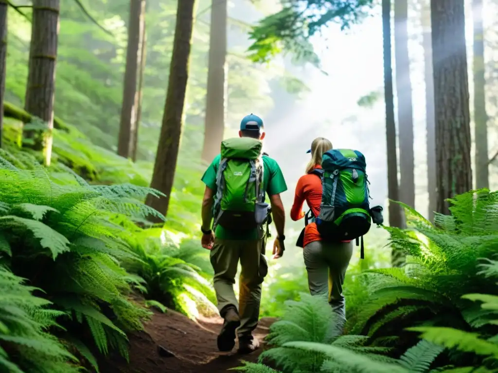 Un grupo de voluntarios con equipamiento de aventura camina por un denso bosque, dedicados a la conservación de ecosistemas