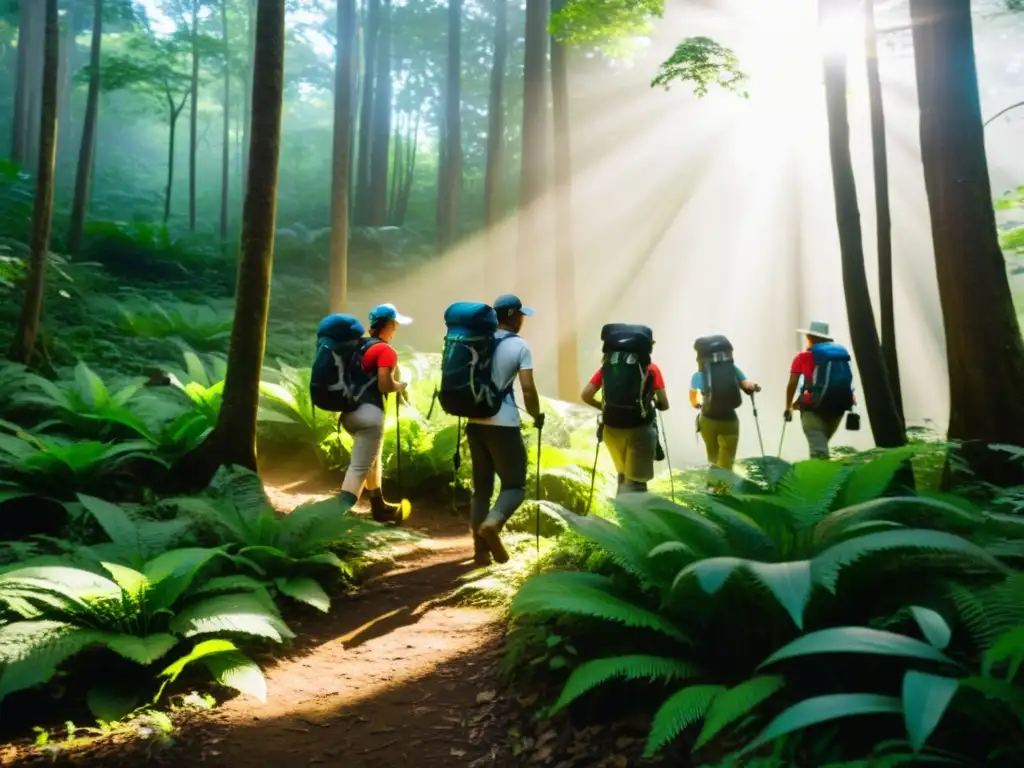 Un grupo de voluntarios con equipamiento especial camina por un exuberante bosque, listos para proyectos de conservación de ecosistemas