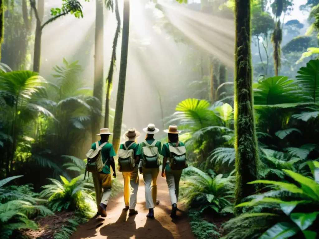 Grupo de voluntarios con equipamiento de conservación, explorando selva exuberante