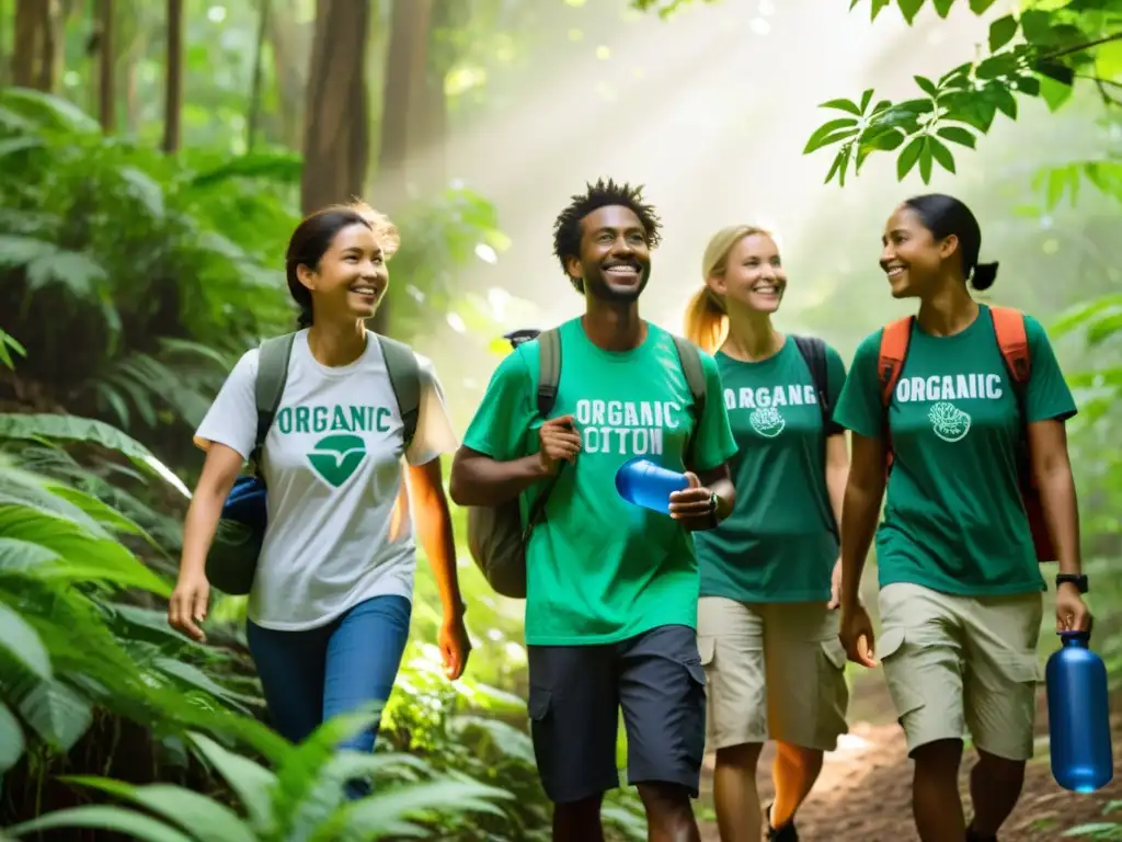 Grupo de voluntarios con equipamiento sostenible en bosque biodiverso, mostrando compromiso con proyectos conservación ecosistemas