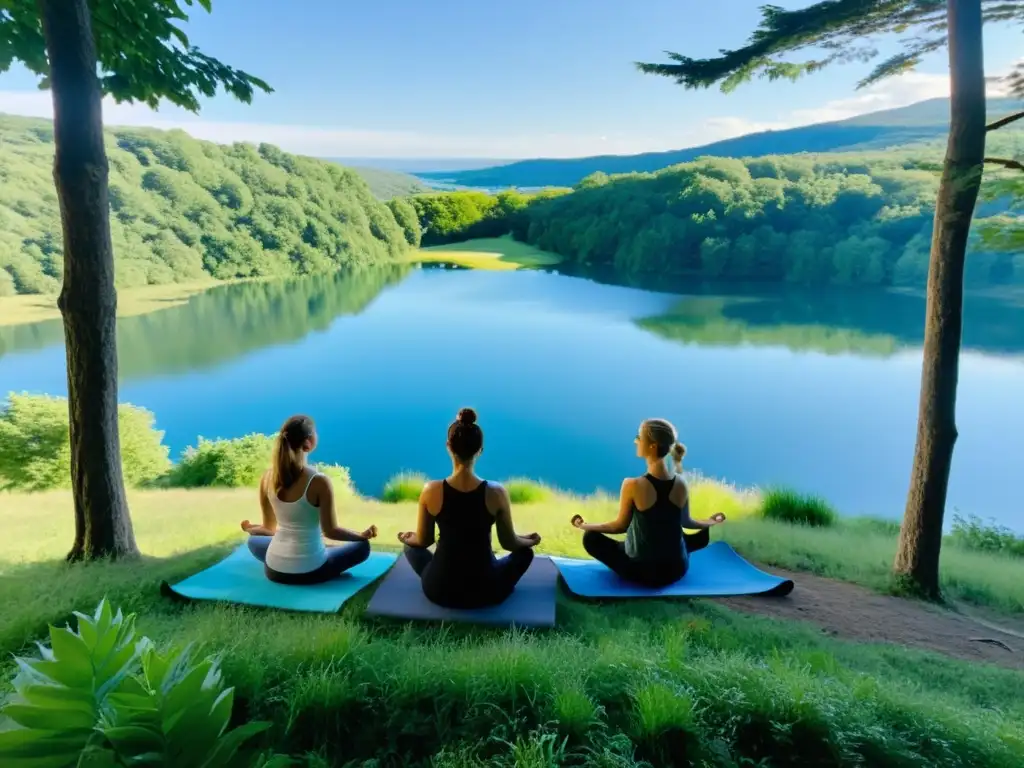 Un grupo practicando yoga al aire libre, en un entorno sereno y natural