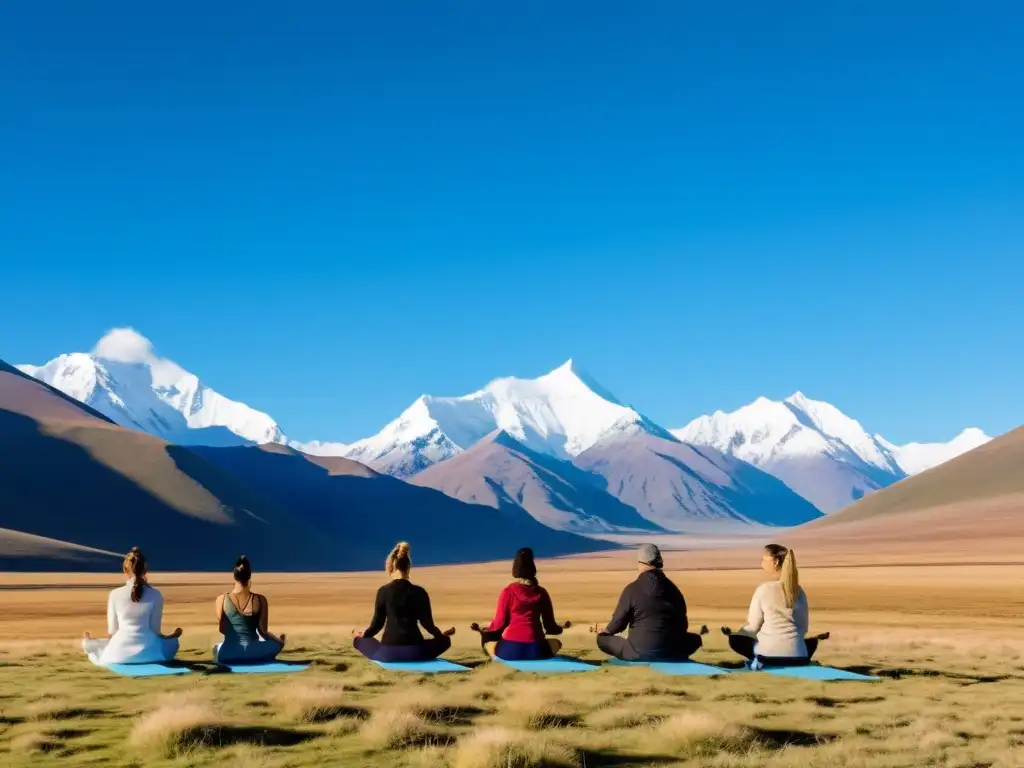 Grupo practicando yoga en altiplano, conectando con la naturaleza y disfrutando de sus beneficios en la serenidad de la meseta