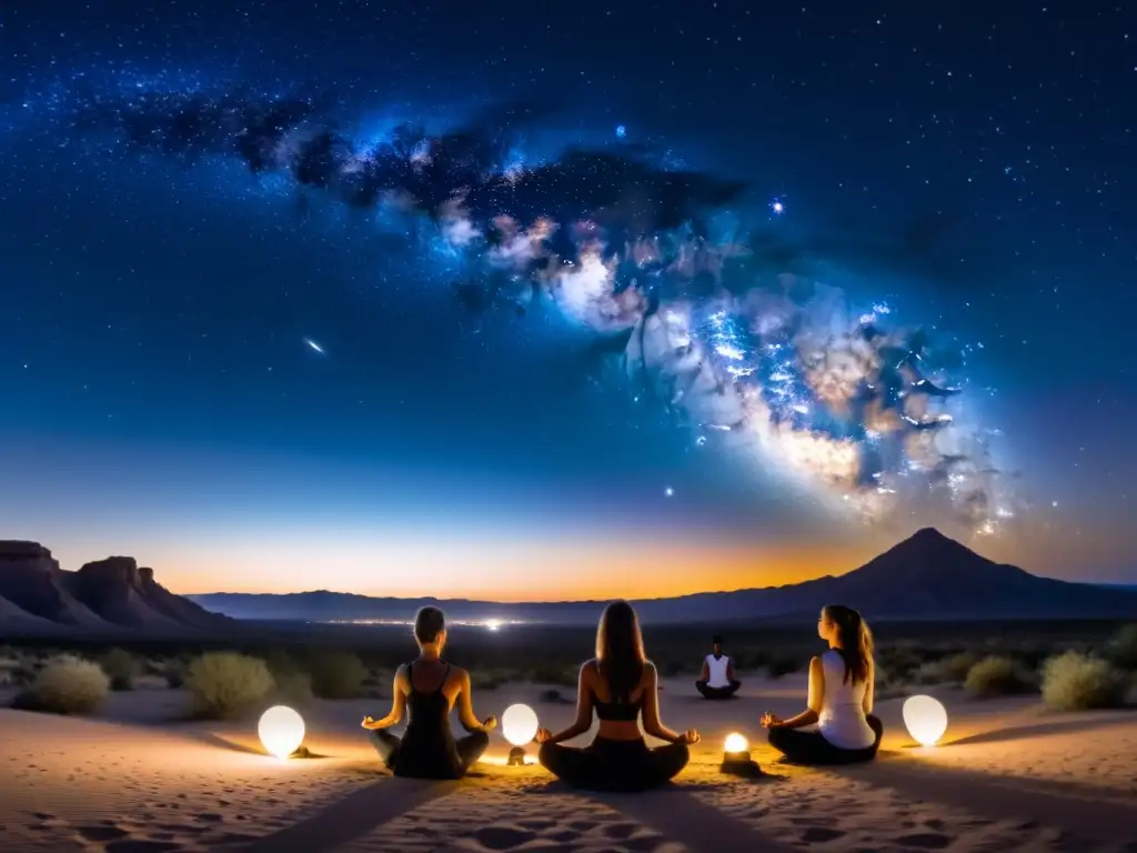 Grupo practicando yoga bajo las estrellas en el desierto, con la Vía Láctea brillando en el cielo nocturno