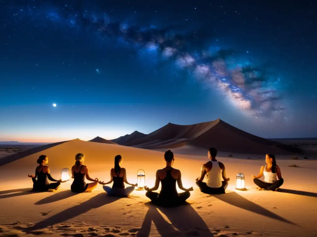 Grupo practicando yoga bajo las estrellas en desierto, iluminados por la suave luz de las linternas, en poses gráciles