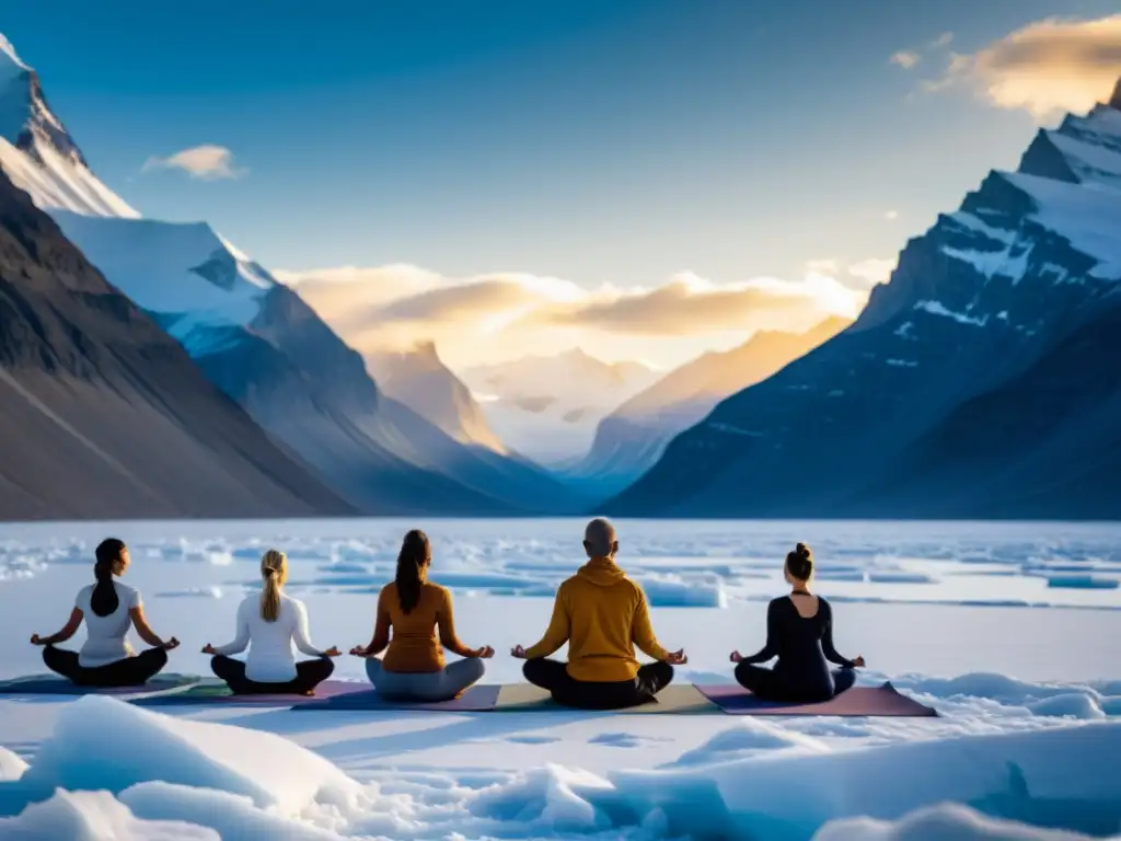 Grupo de yogis practicando yoga entre glaciares en paisajes helados, mostrando fuerza y tranquilidad en un entorno desafiante y asombroso