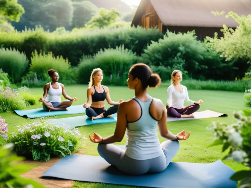 Grupo practicando yoga en una granja orgánica, rodeados de naturaleza exuberante y flores silvestres