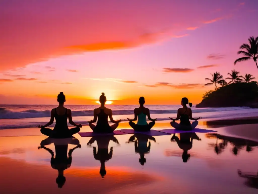 Grupo de yoguis practicando yoga en una playa al atardecer, reflejando la transformación de los retiros de yoga en la vida