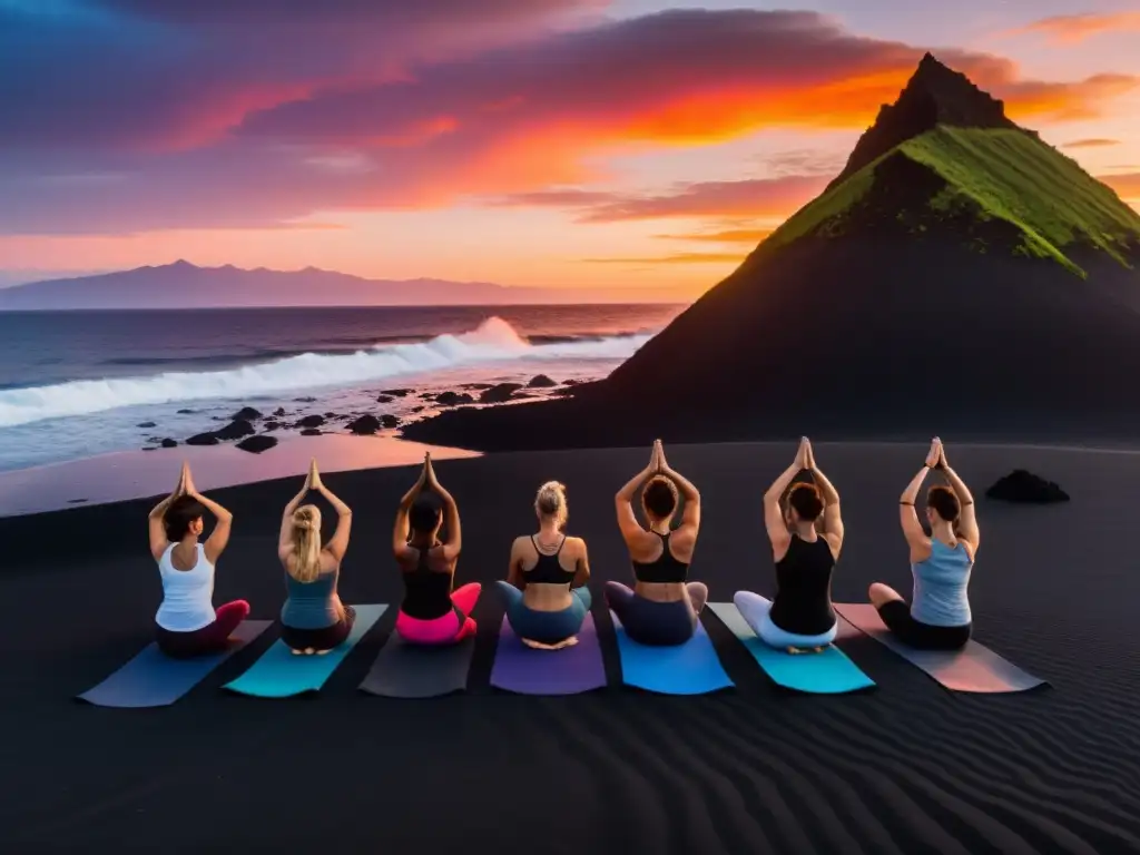 Grupo practicando yoga en playa volcánica al atardecer, transmitiendo armonía y conexión con la naturaleza