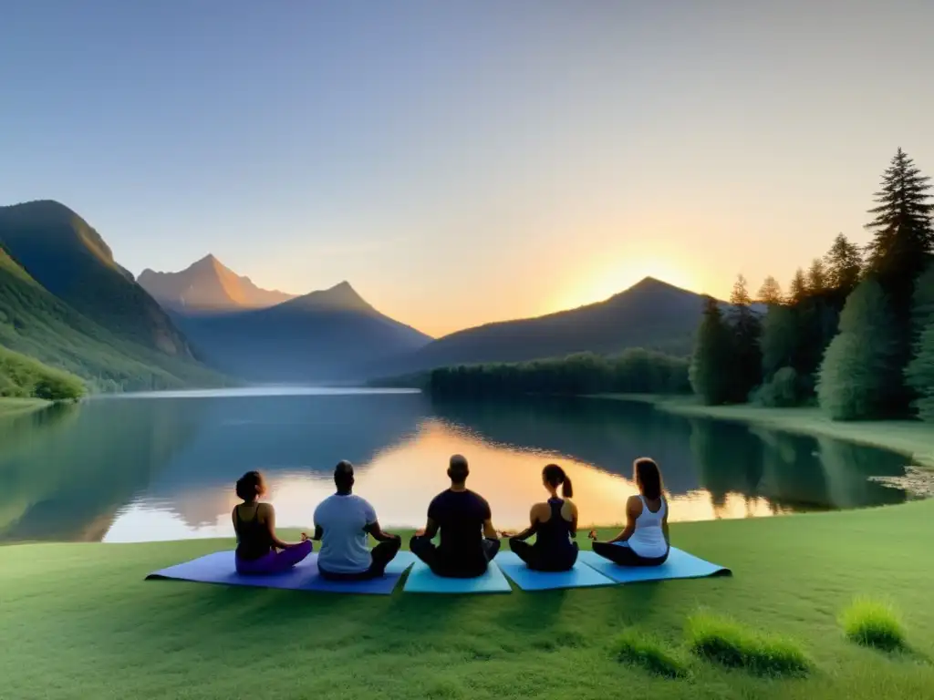 Grupo en sesión de yoga al amanecer, rodeado de naturaleza en retiro de yoga transformación vida