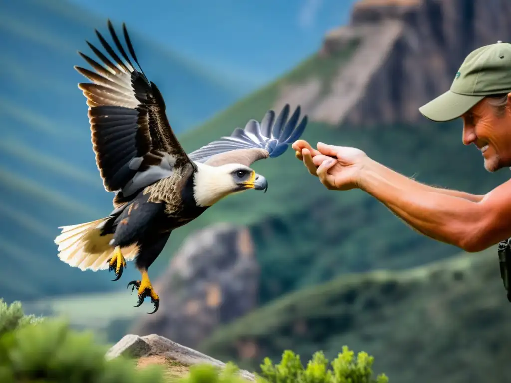 Un guardabosques libera con cuidado un cóndor rehabilitado en un parque nacional, destacando la conservación de especies en parques nacionales