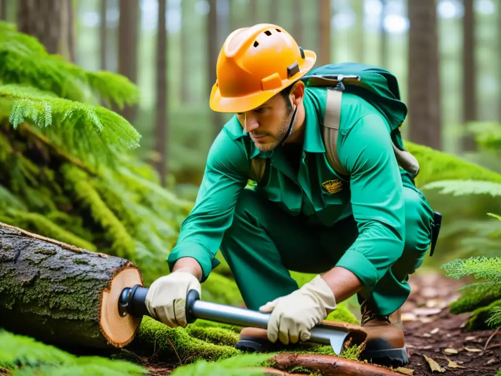 Un guardabosques utiliza herramientas multifuncionales para ecosistemas, limpiando senderos en un bosque exuberante