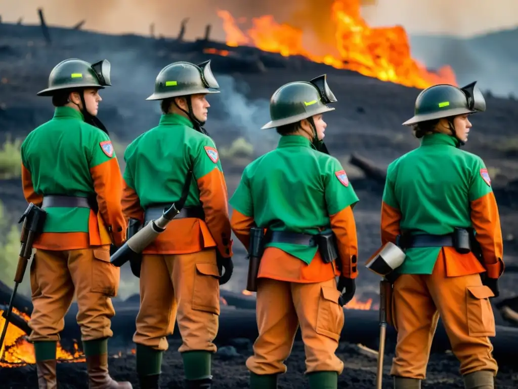 Guardaparques en la Línea de Fuego: Vigilantes en uniforme verde observan los restos calcinados de un incendio forestal, con el resplandor anaranjado de las llamas aún presente en el fondo