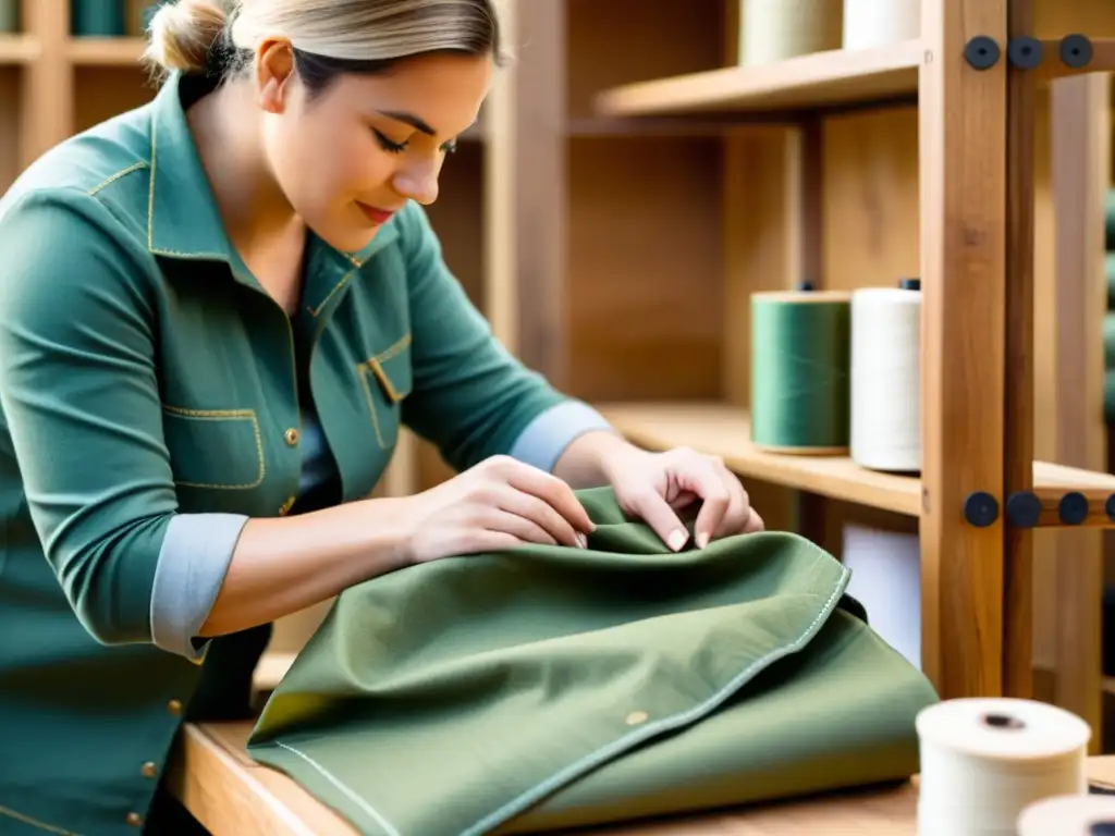 Un hábil artesano cose con detalle una prenda para expediciones naturales, destacando la calidad y sostenibilidad de la ropa