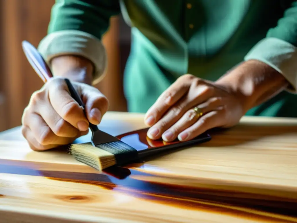 Un hábil artesano aplica pintura ecológica en una mesa de madera, resaltando su grano natural