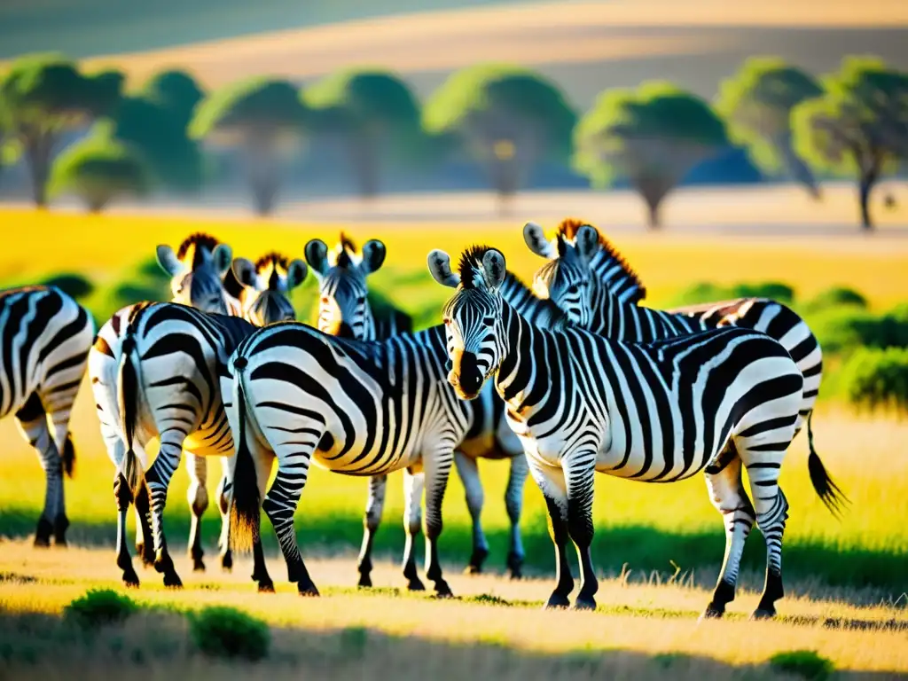 Herd de cebras pastando en pradera tropical, creando un patrón visual hipnótico