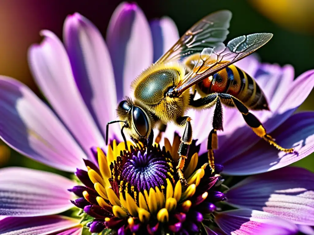 Una hermosa abeja cubierta de polen sobre una flor morada, resaltando la importancia de la conservación de polinizadores en la agricultura