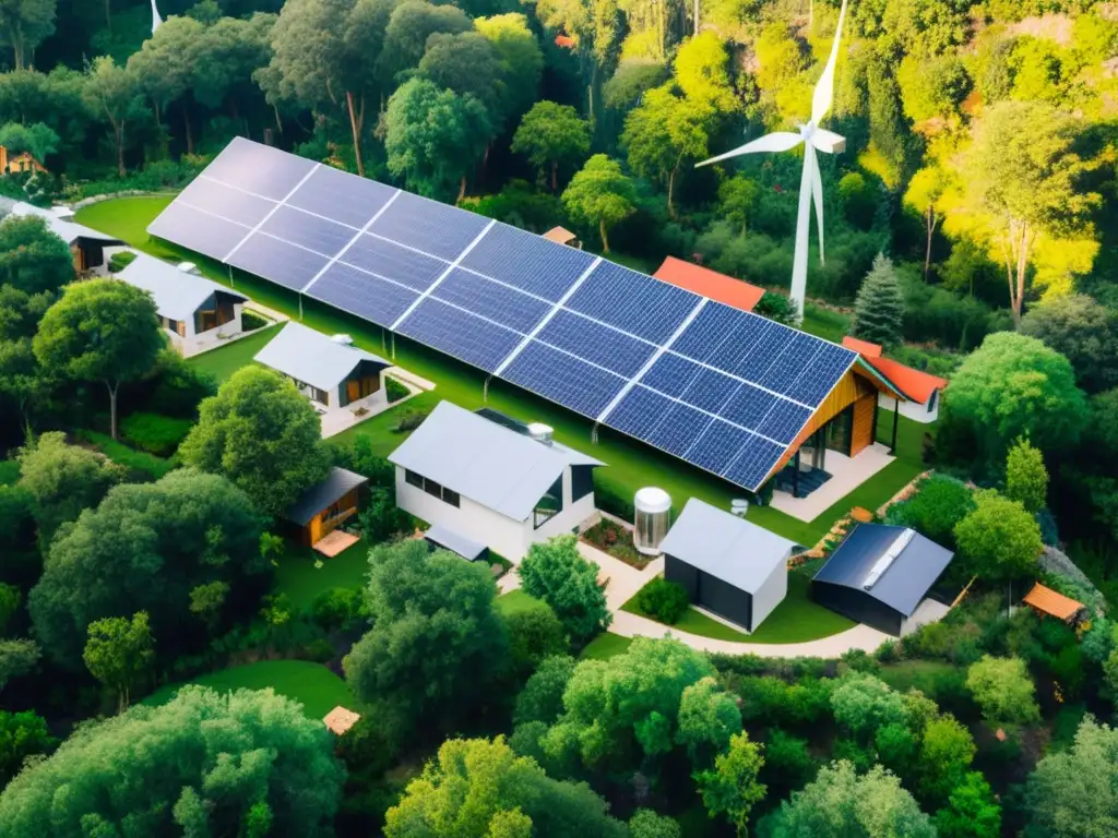 Hermosa comunidad sostenible en el bosque con energía solar y eólica, consejos para desconectarse de la red eléctrica